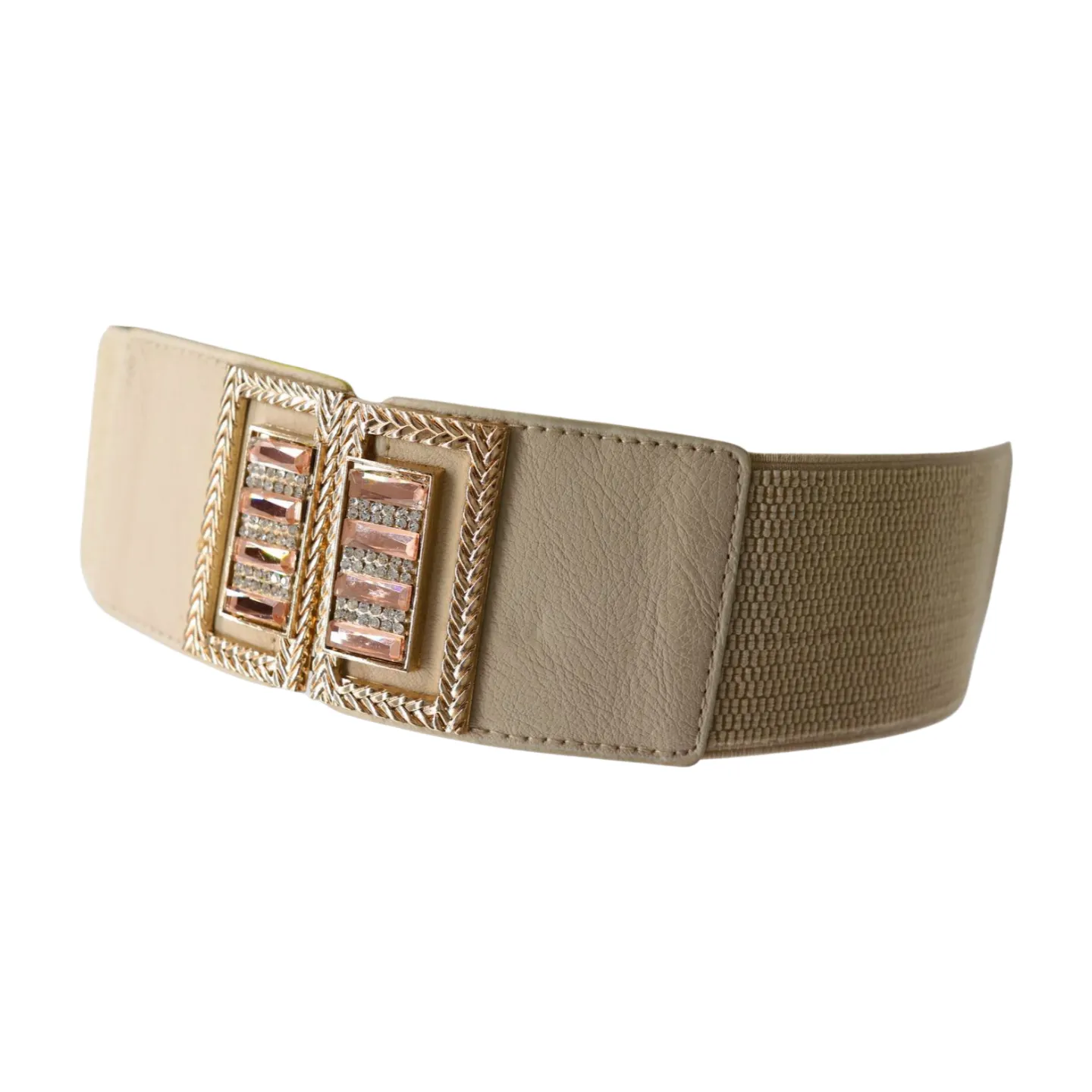 New Women Ivory Cream Elastic Fashion Belt Gold Bling Square Buckle S M