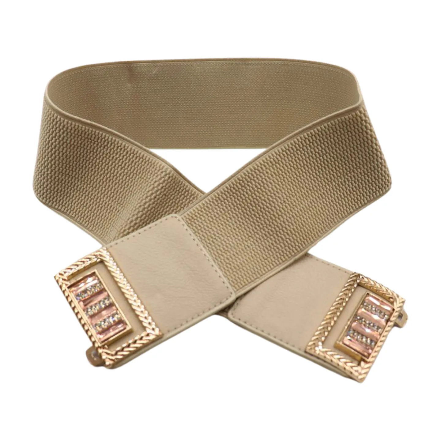 New Women Ivory Cream Elastic Fashion Belt Gold Bling Square Buckle S M