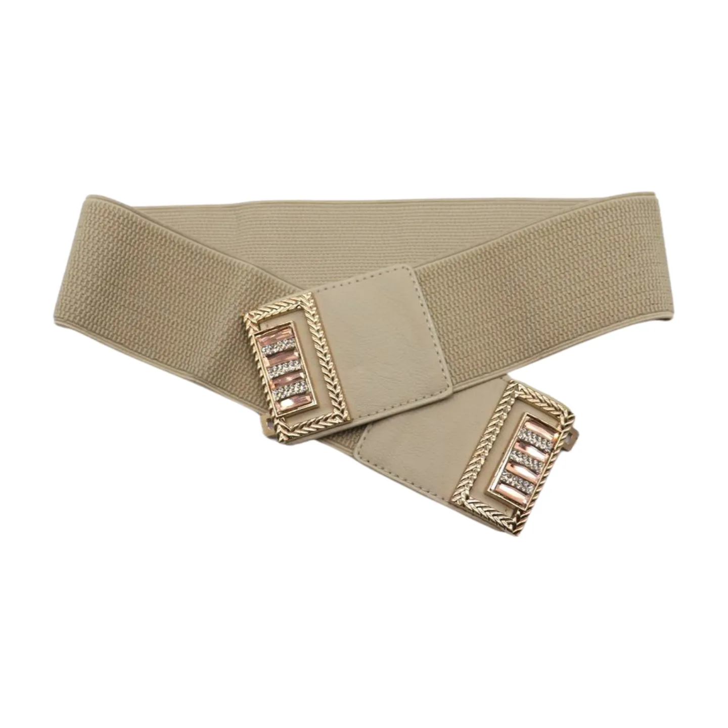 New Women Ivory Cream Elastic Fashion Belt Gold Bling Square Buckle S M