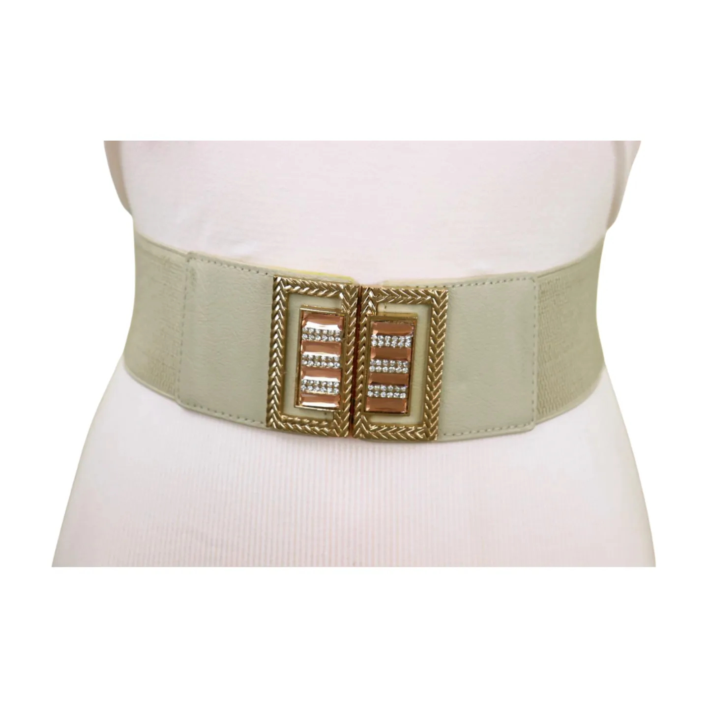New Women Ivory Cream Elastic Fashion Belt Gold Bling Square Buckle S M