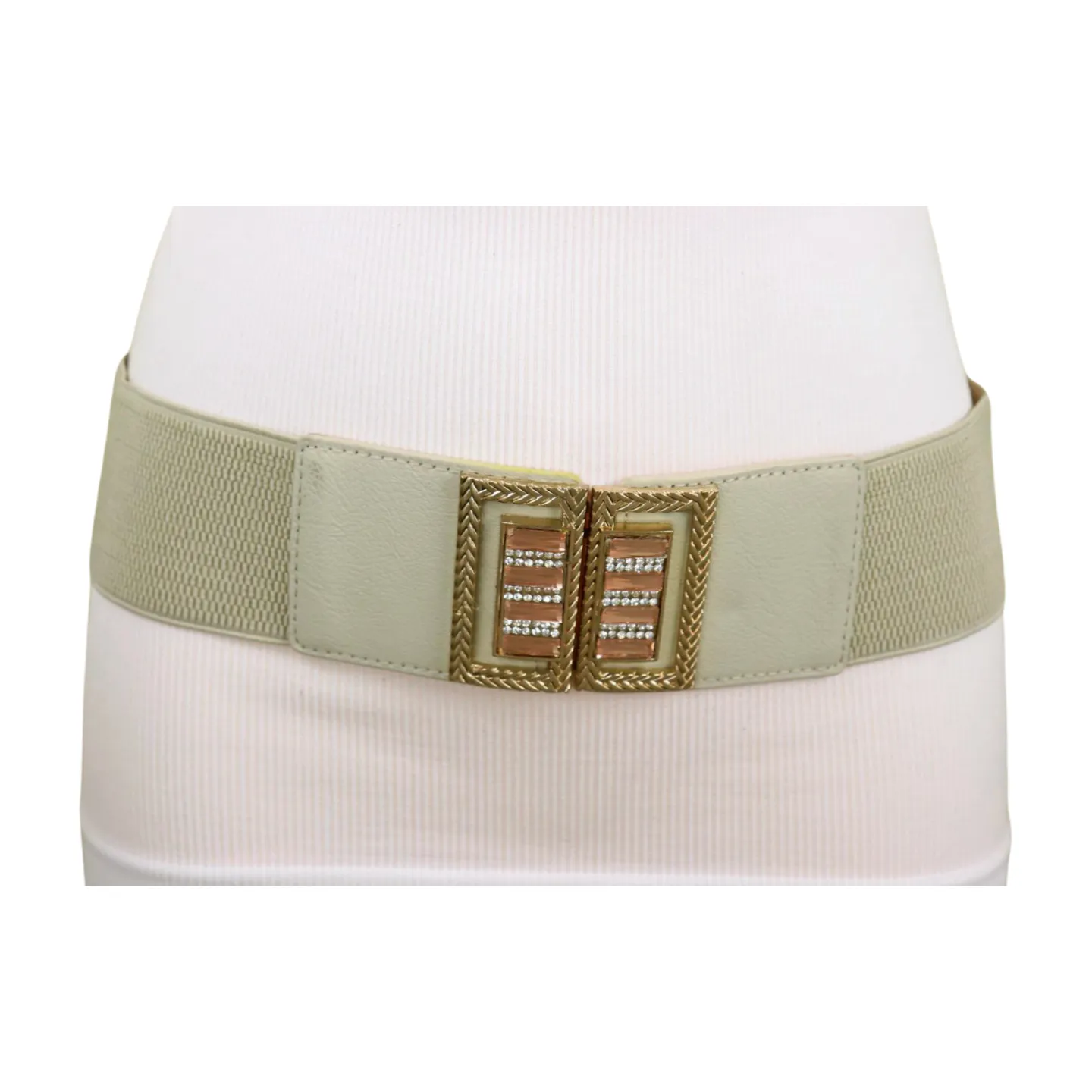 New Women Ivory Cream Elastic Fashion Belt Gold Bling Square Buckle S M