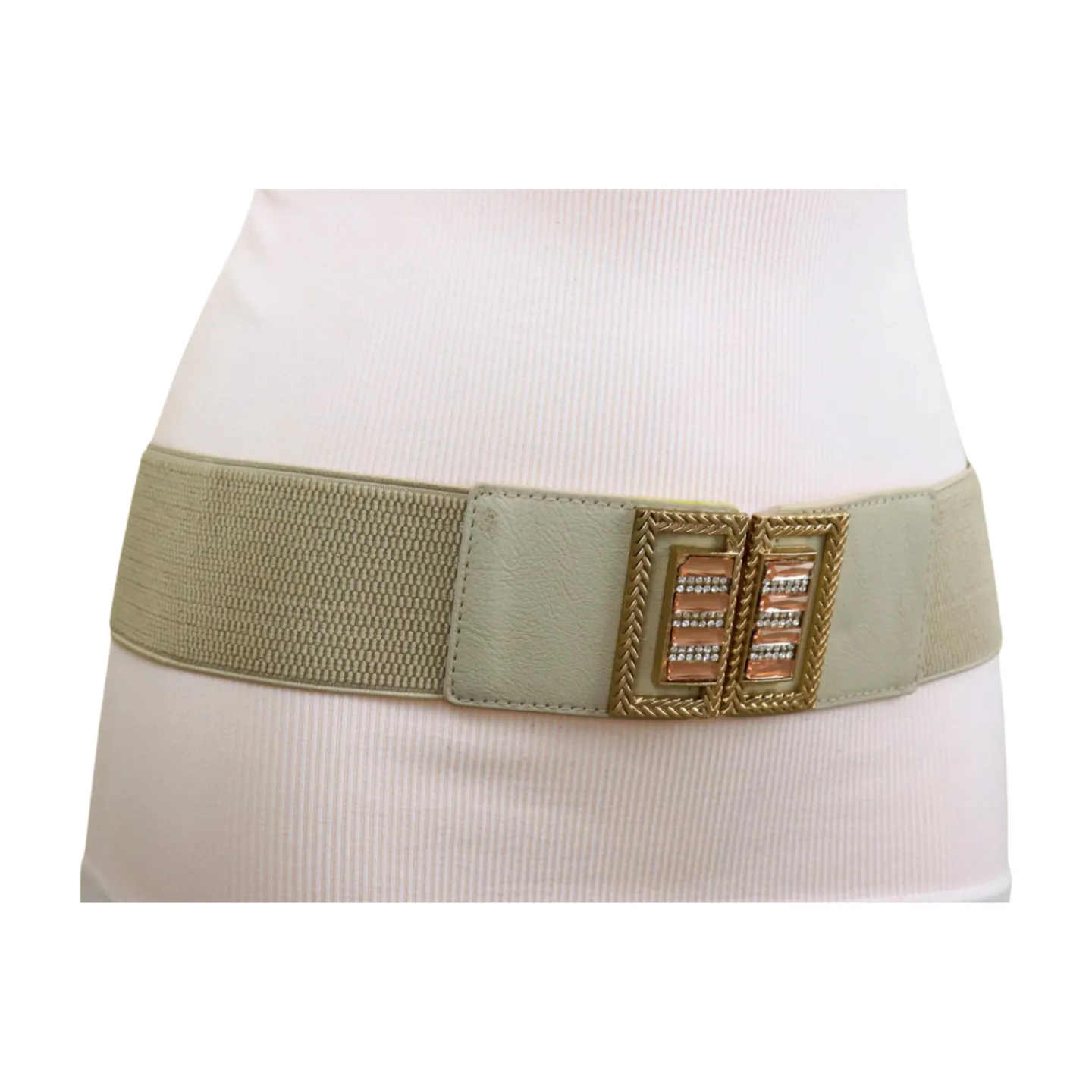 New Women Ivory Cream Elastic Fashion Belt Gold Bling Square Buckle S M