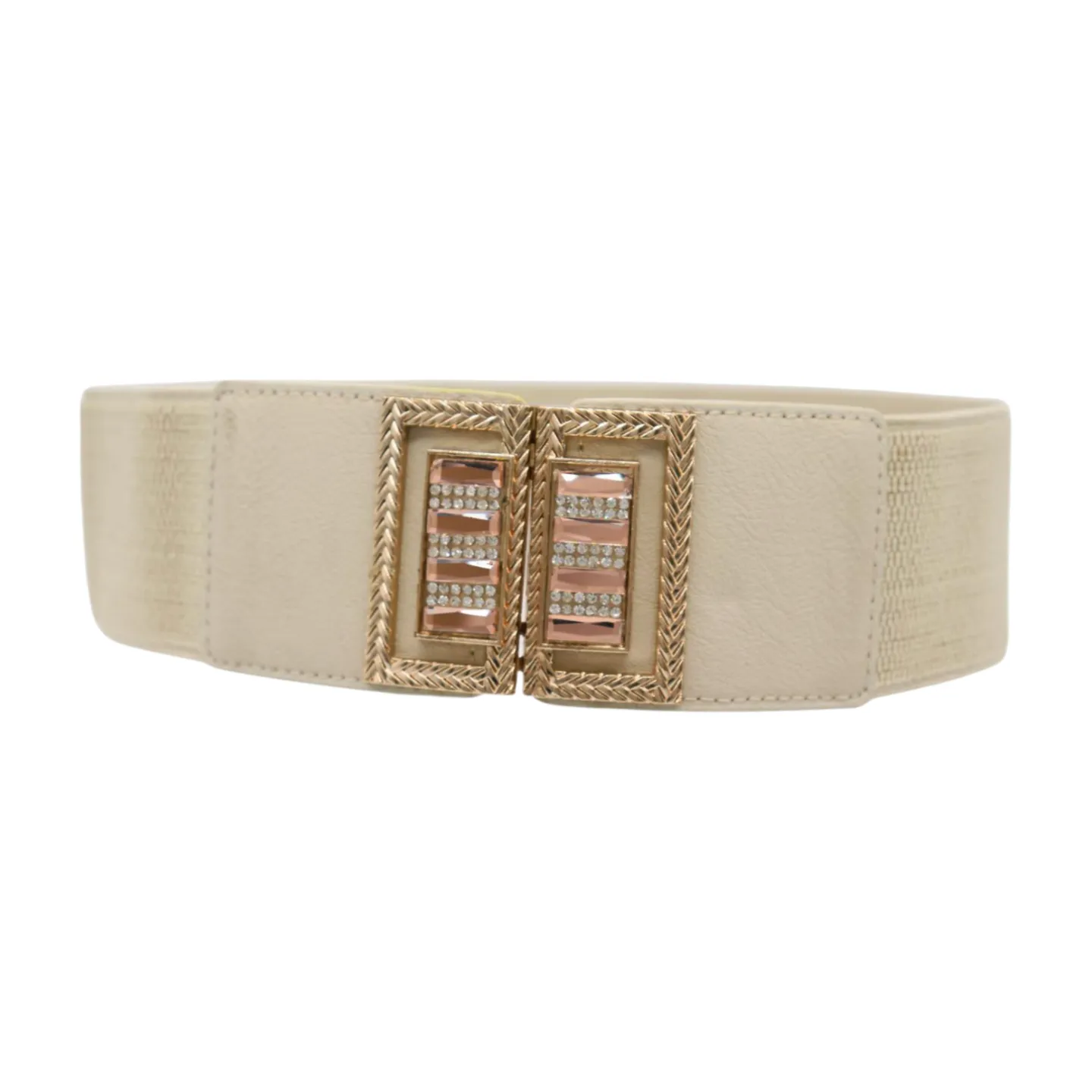 New Women Ivory Cream Elastic Fashion Belt Gold Bling Square Buckle S M