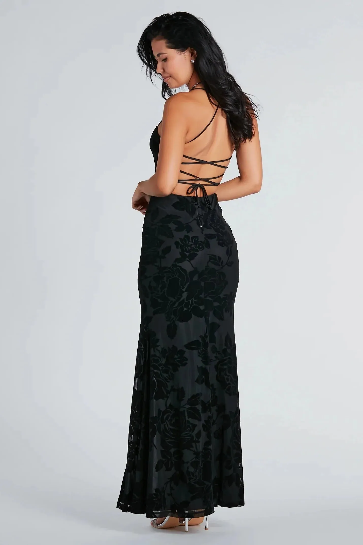 Norma Formal Velvet Floral Lace-Up Mermaid Dress