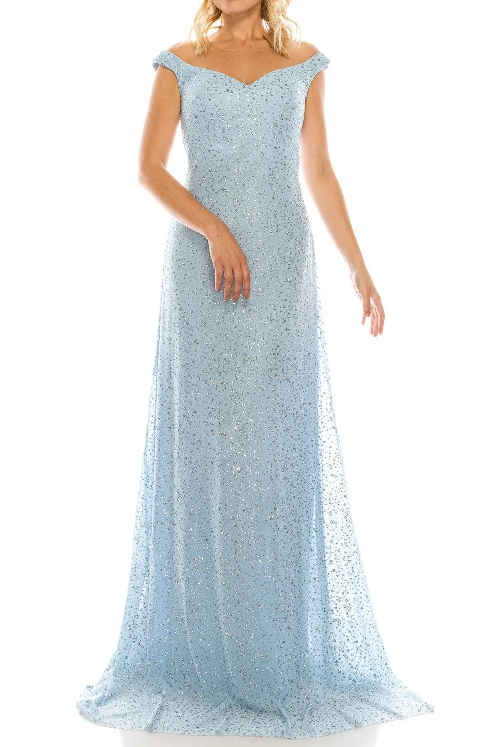 Odrella 4757 Black Glittery Mesh Illusion Portrait Neckline Evening Dress