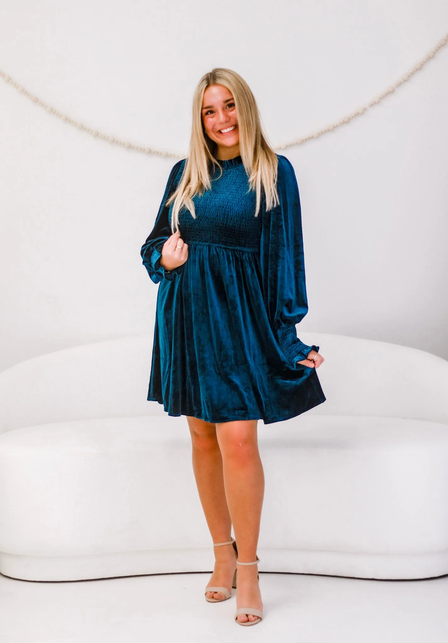 Office Party Smocked Velvet Dress