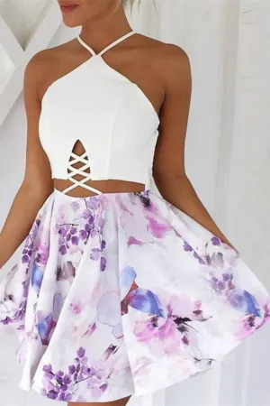 Open Back Homecoming Dresses Floral Print Aline Short Prom Dress Sexy Party Dress OHM139