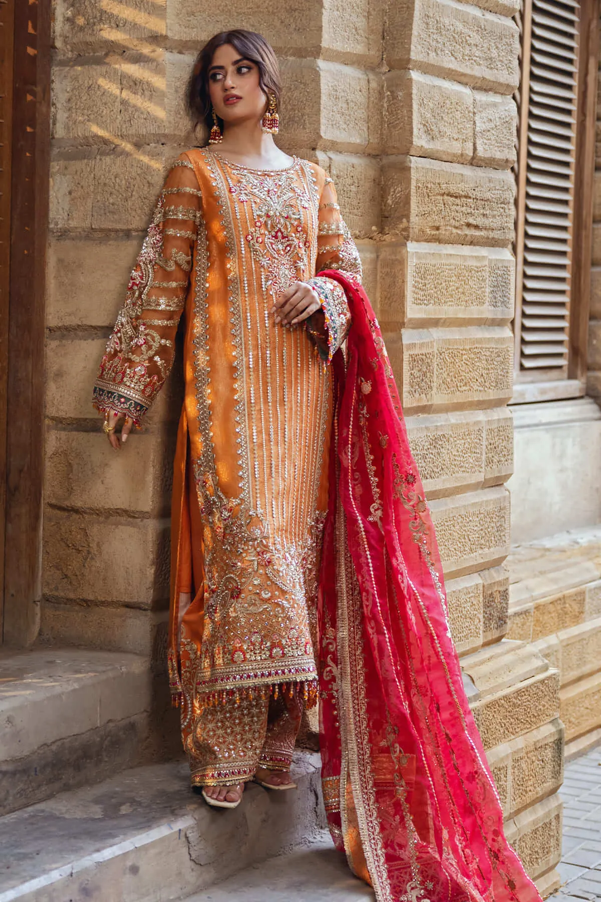 Orange Heavily Embellished Pakistani Wedding Dress Kameez Trousers