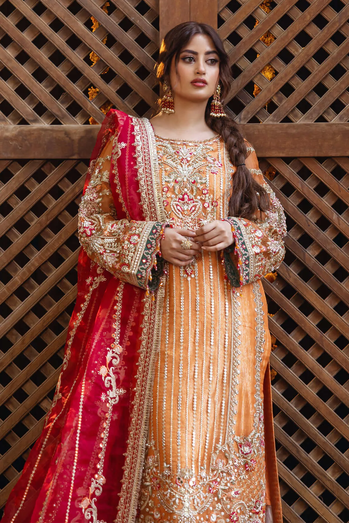 Orange Heavily Embellished Pakistani Wedding Dress Kameez Trousers