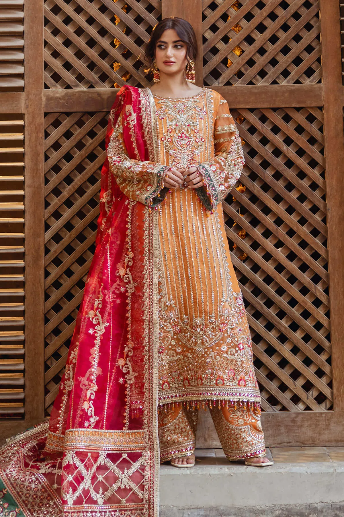 Orange Heavily Embellished Pakistani Wedding Dress Kameez Trousers