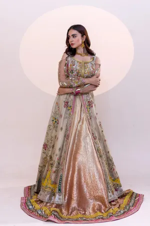 Pakistani Bridal Outfit in Peach Pishwas Lehenga Style