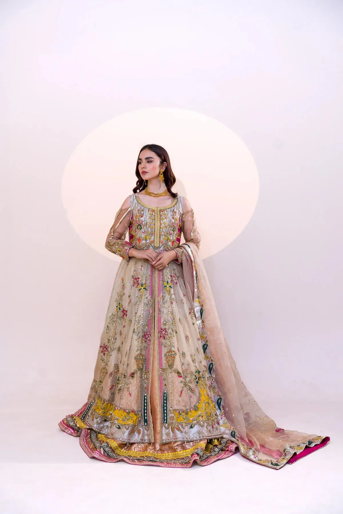 Pakistani Bridal Outfit in Peach Pishwas Lehenga Style