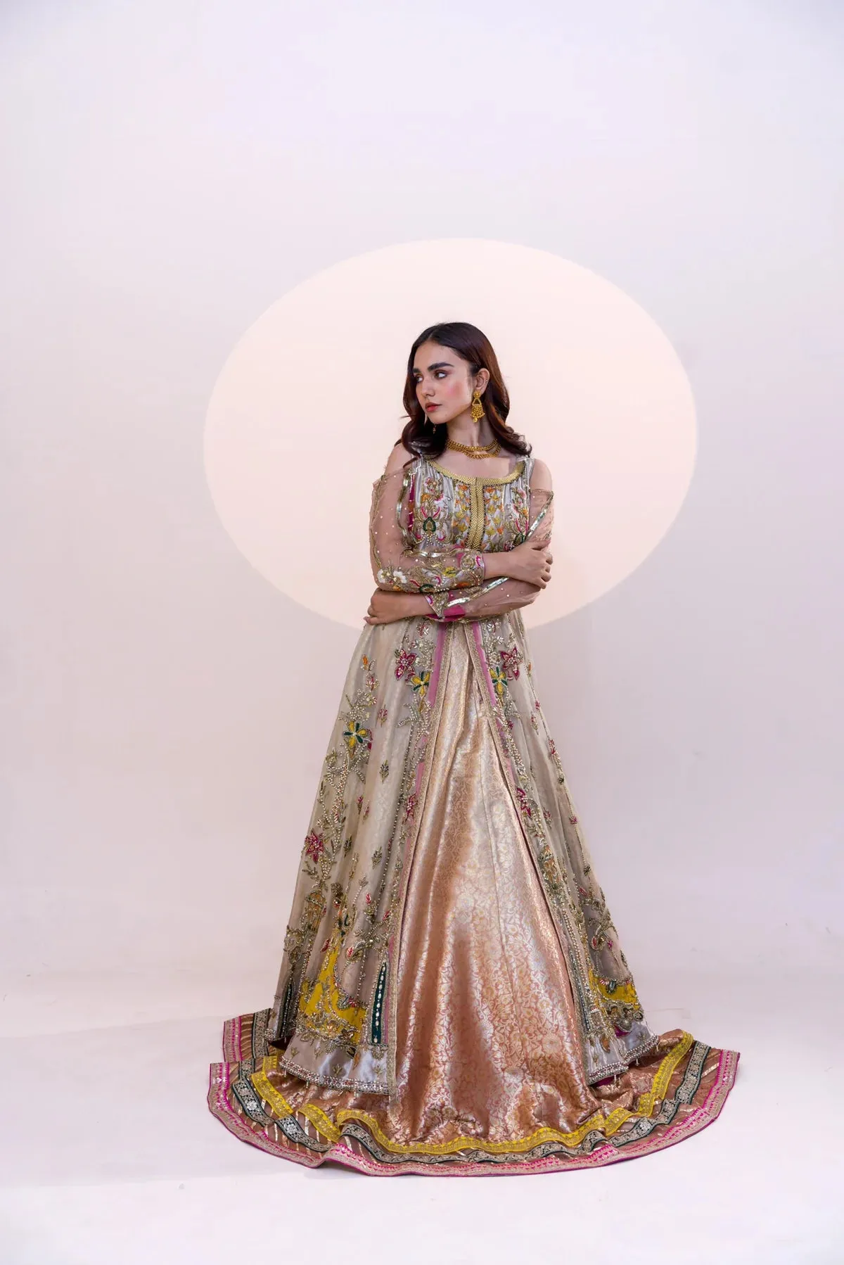 Pakistani Bridal Outfit in Peach Pishwas Lehenga Style