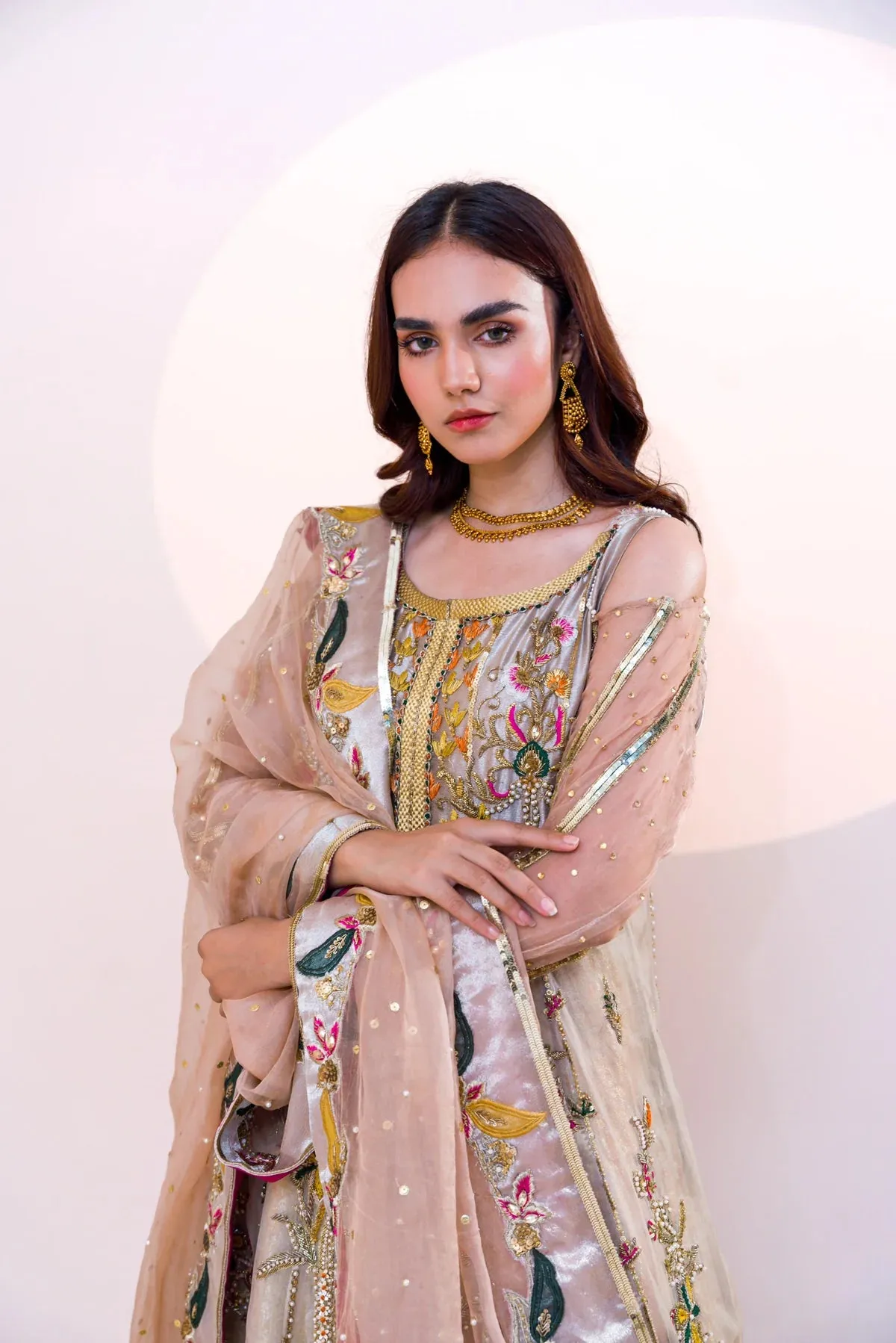 Pakistani Bridal Outfit in Peach Pishwas Lehenga Style