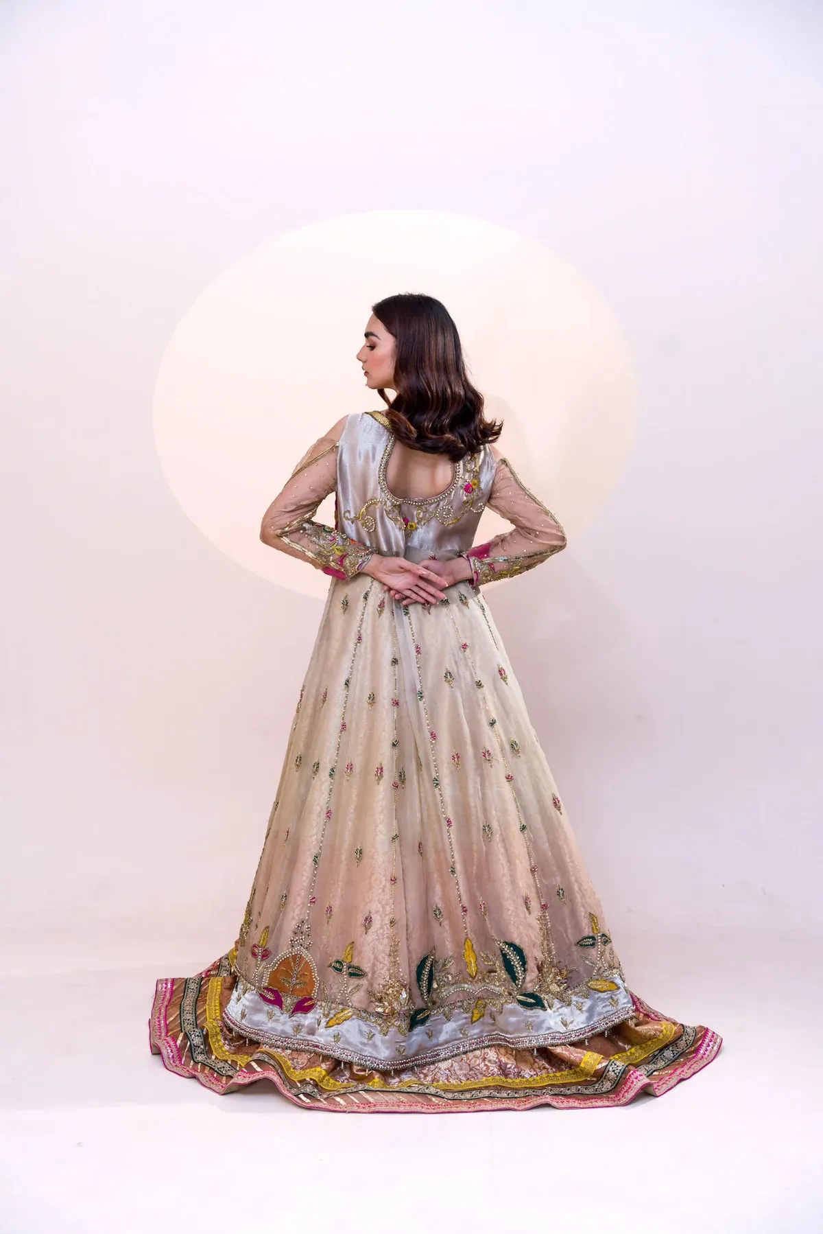 Pakistani Bridal Outfit in Peach Pishwas Lehenga Style