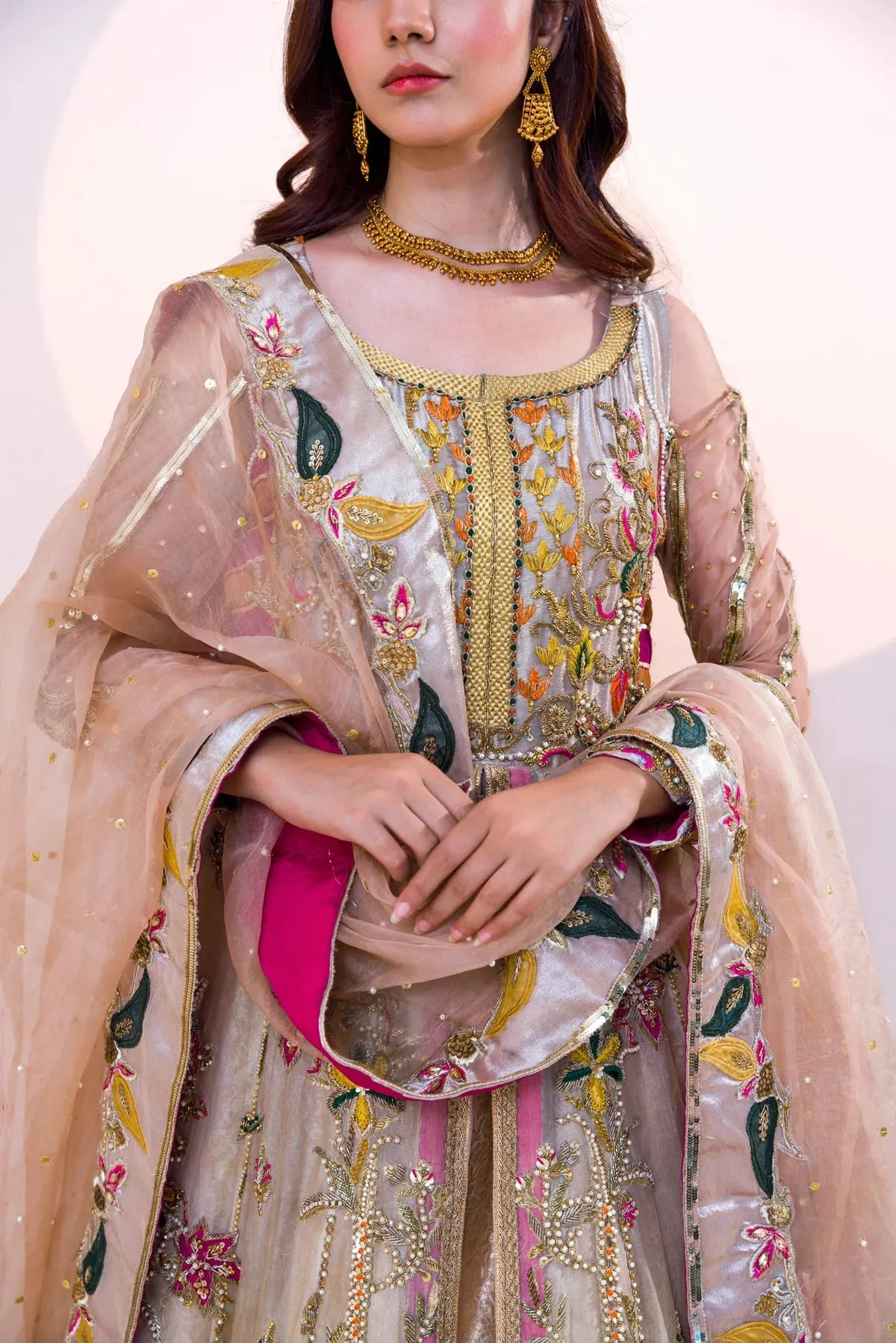Pakistani Bridal Outfit in Peach Pishwas Lehenga Style