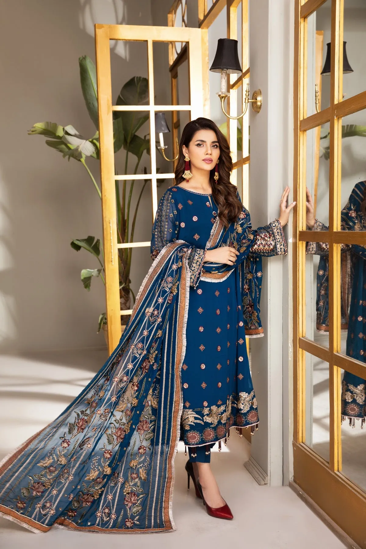 Pakistani Embroidered Salwar Kameez Dupatta in Cobalt Blue Shade