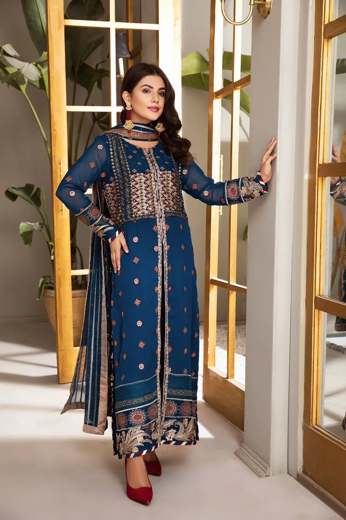 Pakistani Embroidered Salwar Kameez Dupatta in Cobalt Blue Shade