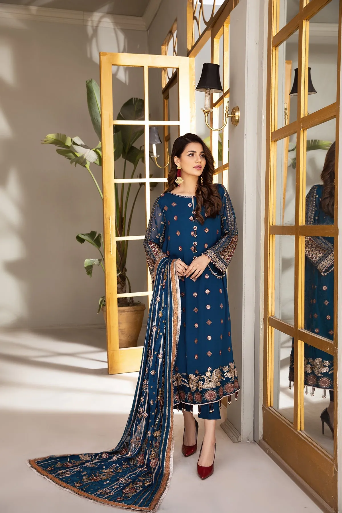 Pakistani Embroidered Salwar Kameez Dupatta in Cobalt Blue Shade