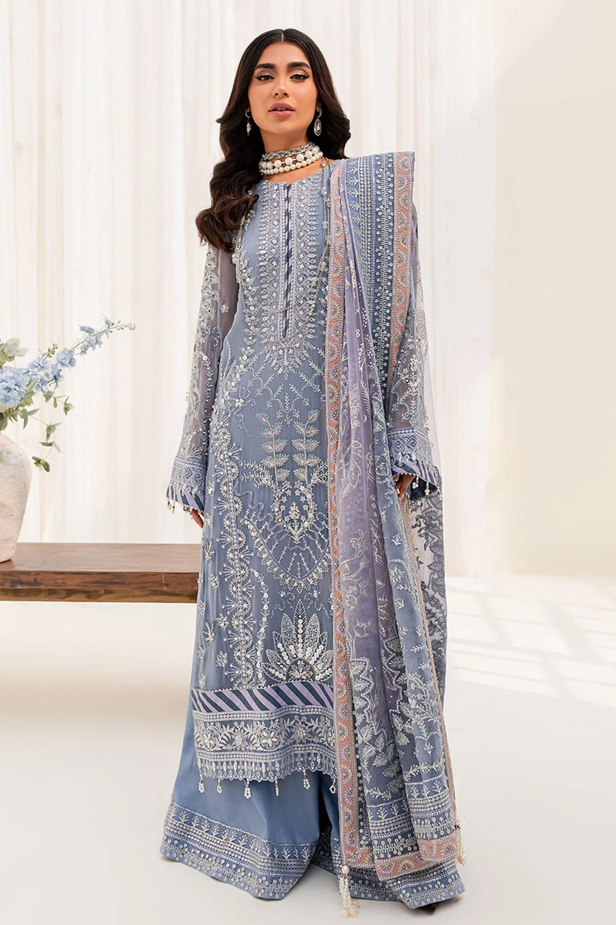 Pakistani Kameez Sharara Heavily Embroidered Grey Wedding Dress