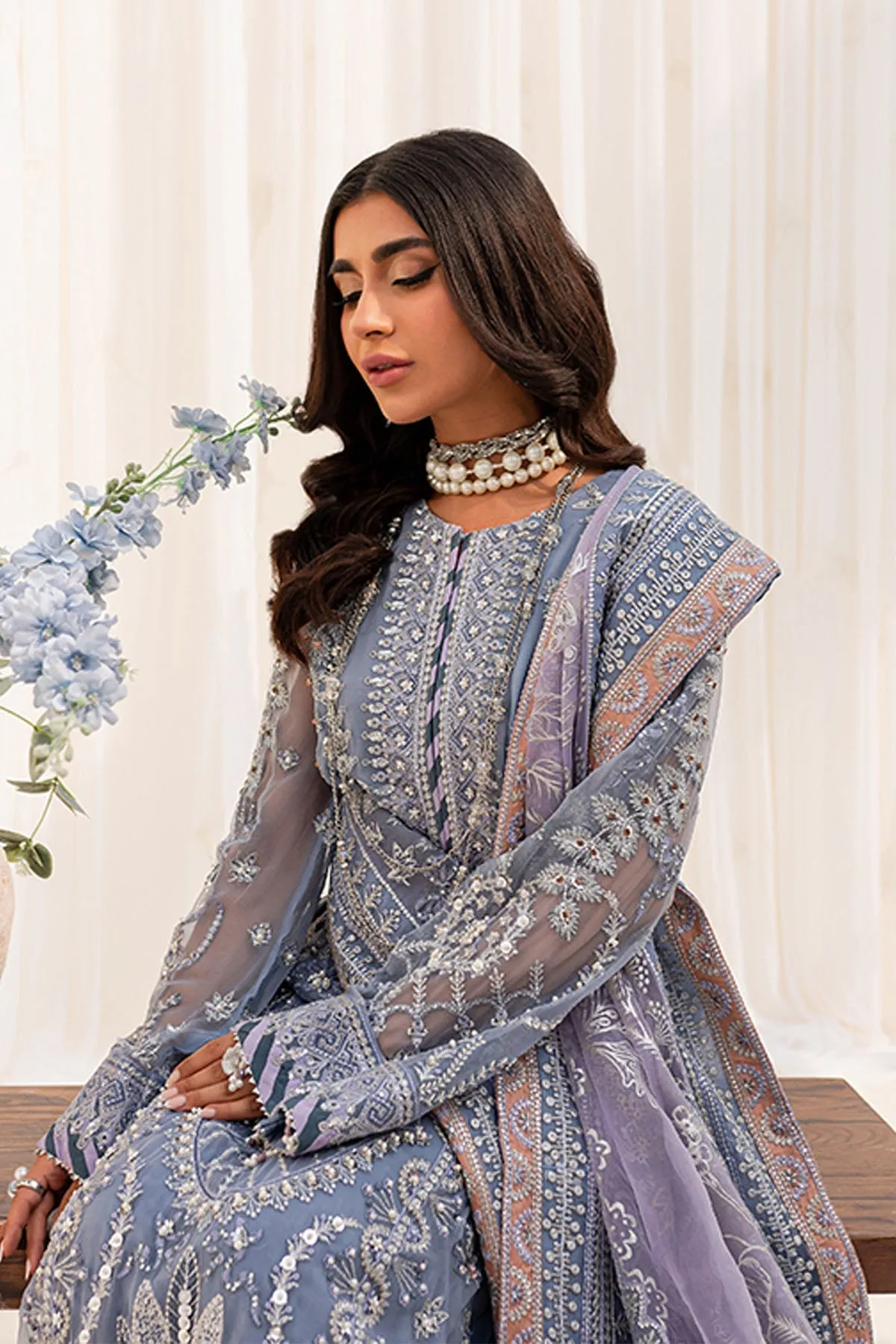 Pakistani Kameez Sharara Heavily Embroidered Grey Wedding Dress