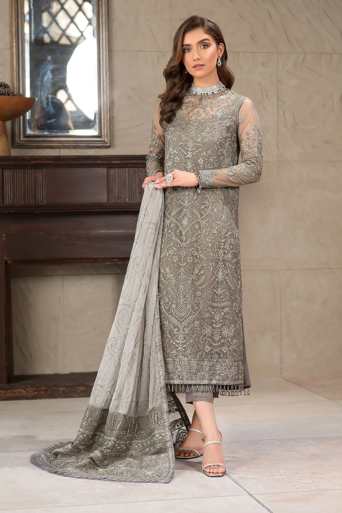 Pakistani Long Kameez and Capri Party Wear in Greyish Black