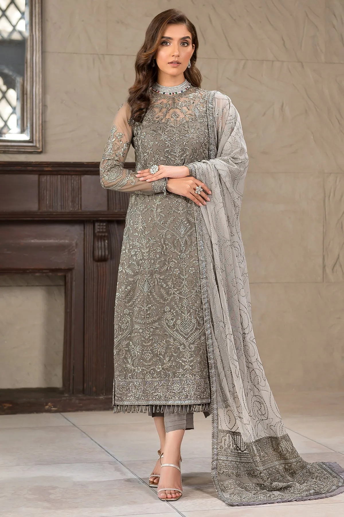 Pakistani Long Kameez and Capri Party Wear in Greyish Black