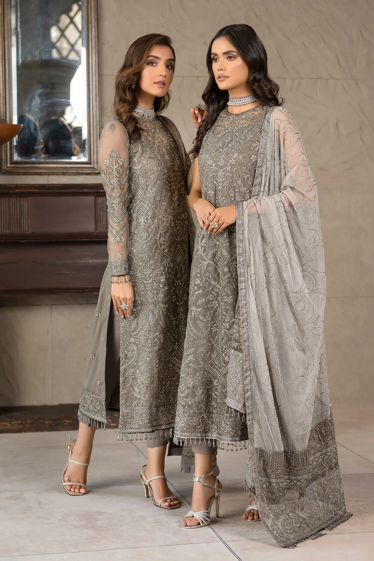 Pakistani Long Kameez and Capri Party Wear in Greyish Black