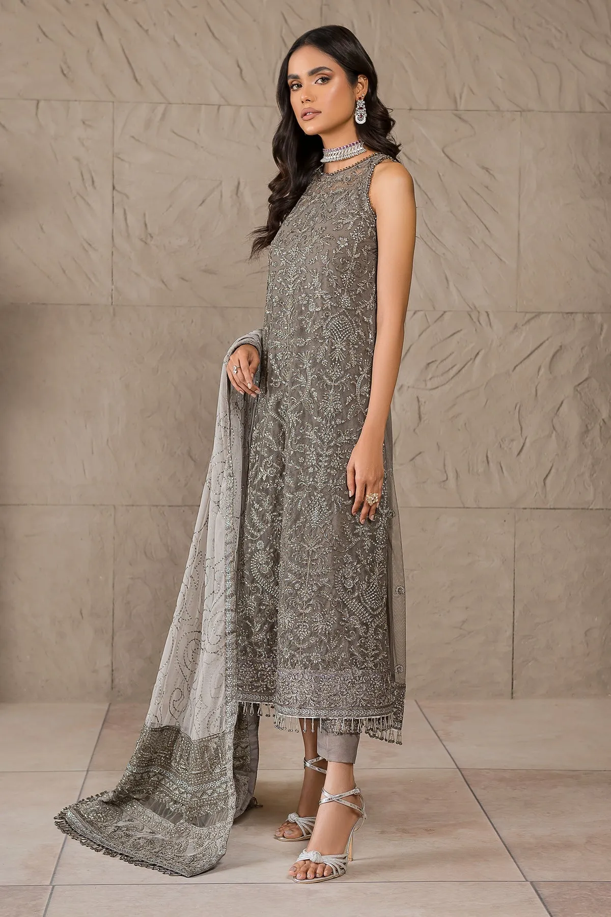 Pakistani Long Kameez and Capri Party Wear in Greyish Black