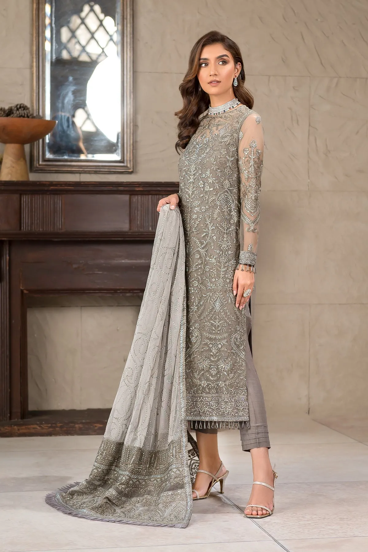 Pakistani Long Kameez and Capri Party Wear in Greyish Black