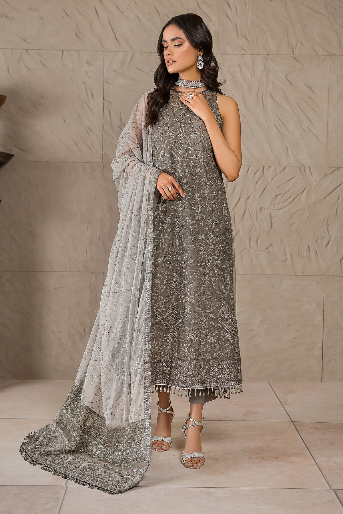 Pakistani Long Kameez and Capri Party Wear in Greyish Black