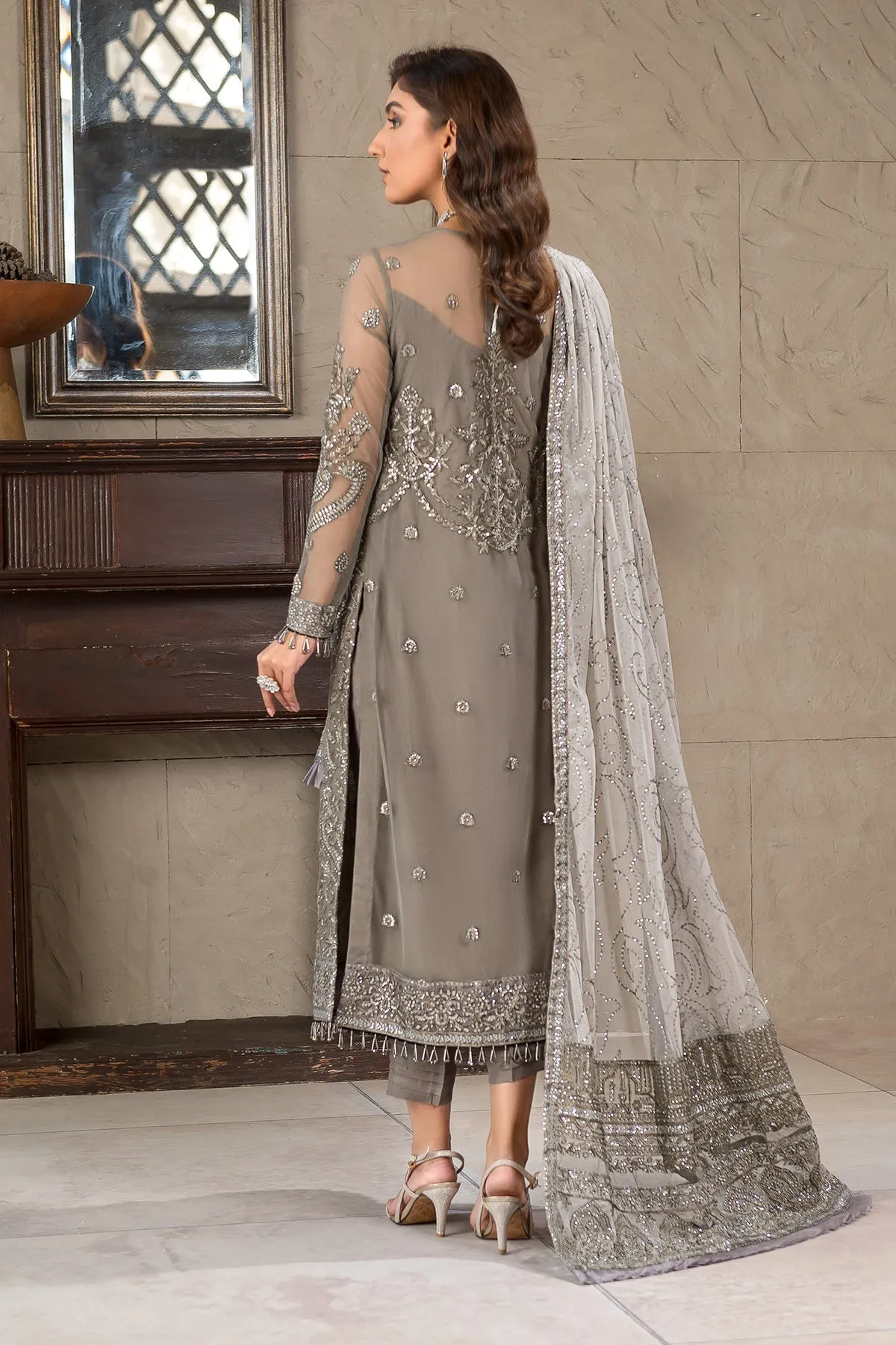 Pakistani Long Kameez and Capri Party Wear in Greyish Black