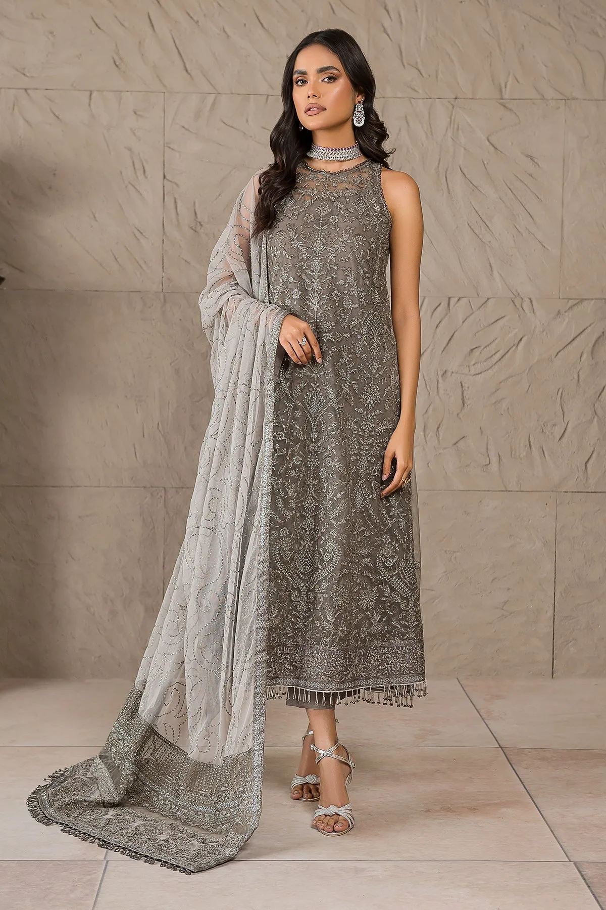 Pakistani Long Kameez and Capri Party Wear in Greyish Black