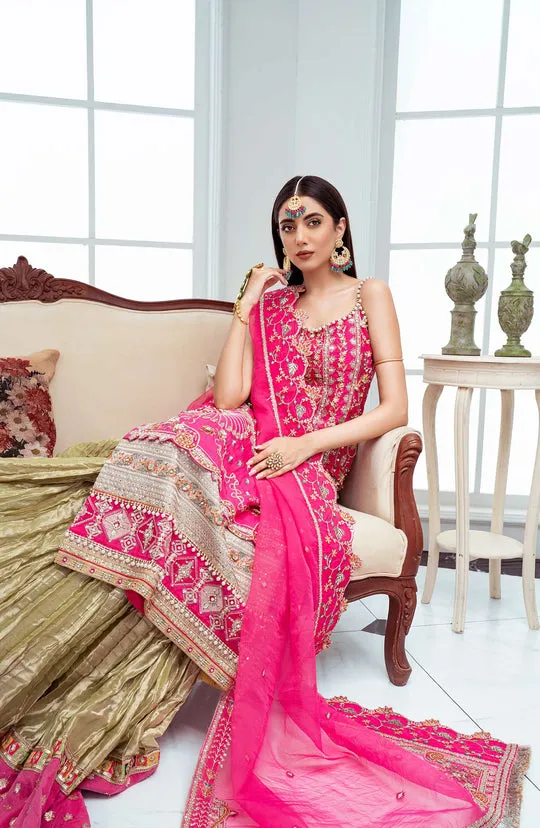 Pakistani Pink Embroidered Kameez Crushed Sharara Wedding Dress