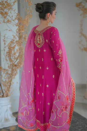 Pakistani Pink Embroidered Long Kameez With Trousers