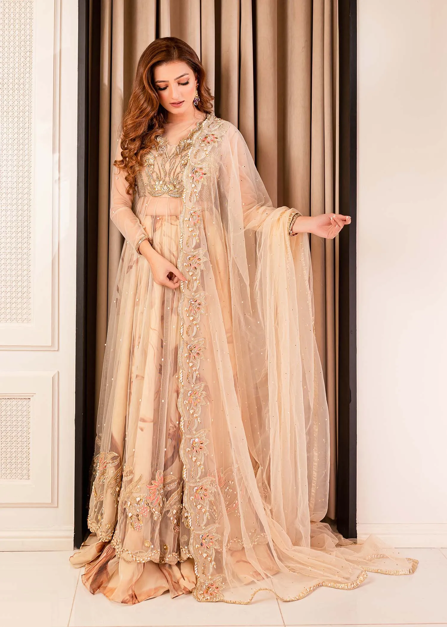 Pakistani Pishwas Frock with Lehenga and Net Dupatta
