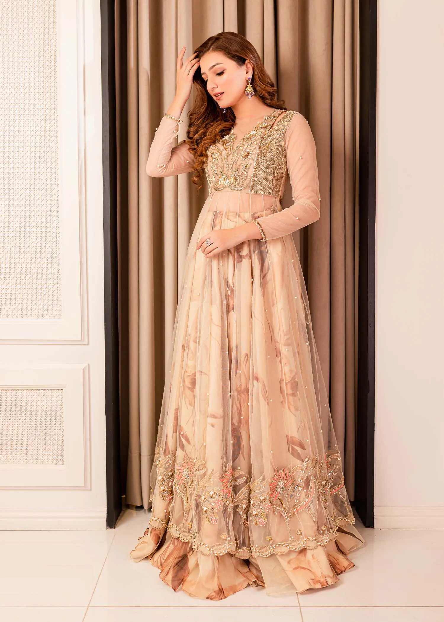 Pakistani Pishwas Frock with Lehenga and Net Dupatta