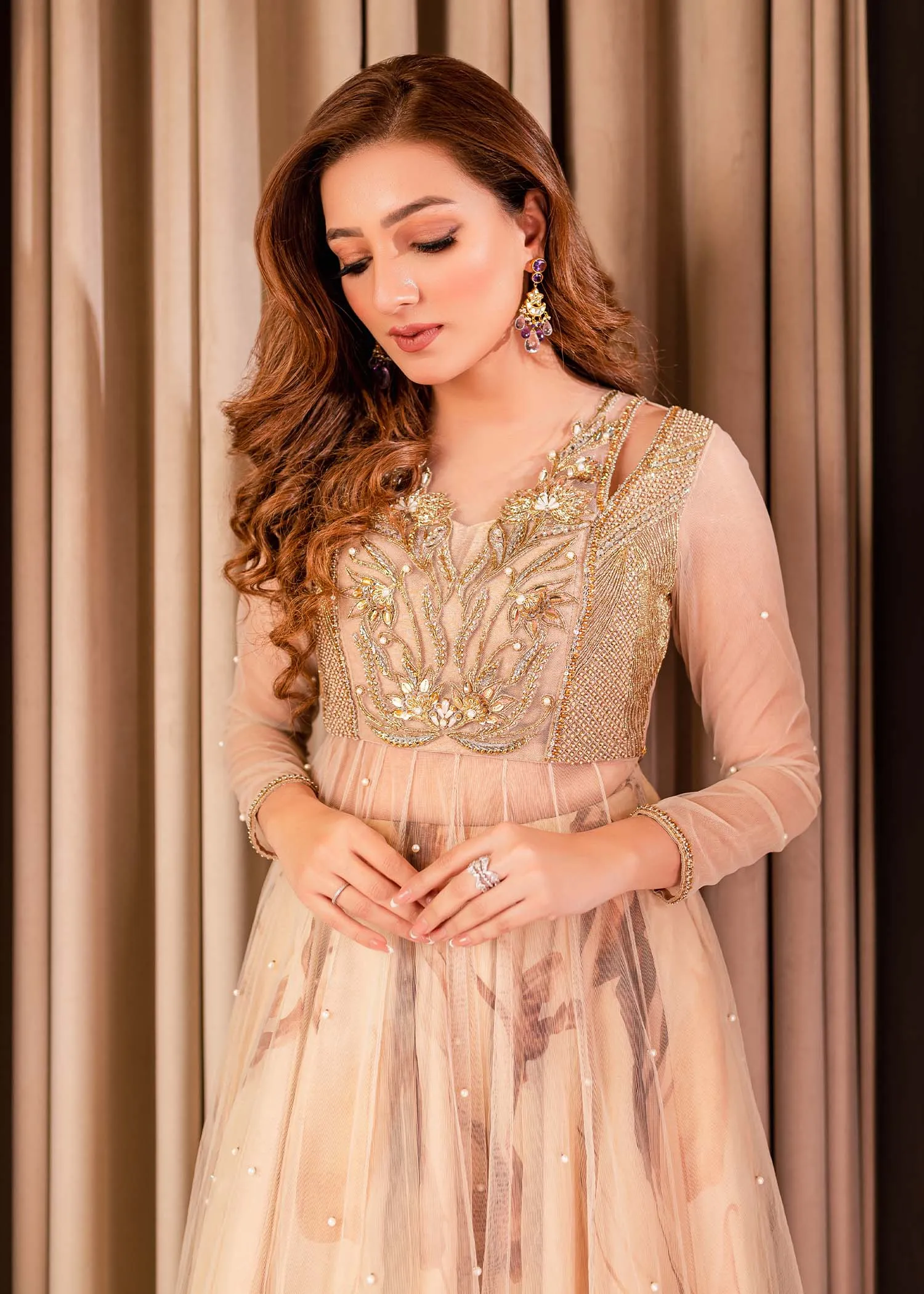 Pakistani Pishwas Frock with Lehenga and Net Dupatta