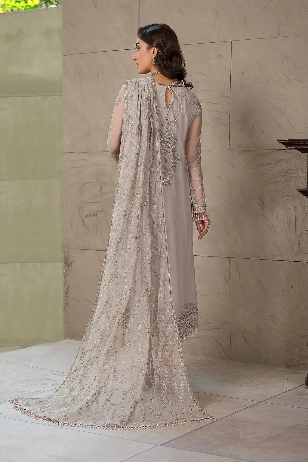 Pakistani Silver Embroidered Long Kameez with Capri Party wear