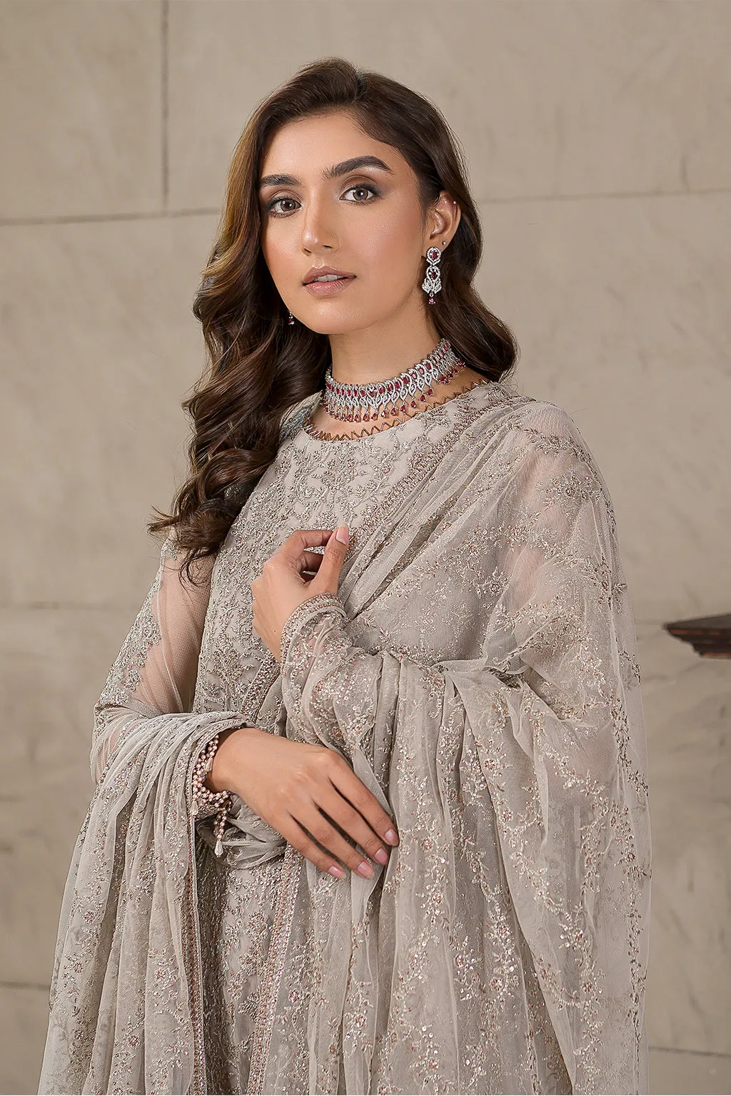 Pakistani Silver Embroidered Long Kameez with Capri Party wear