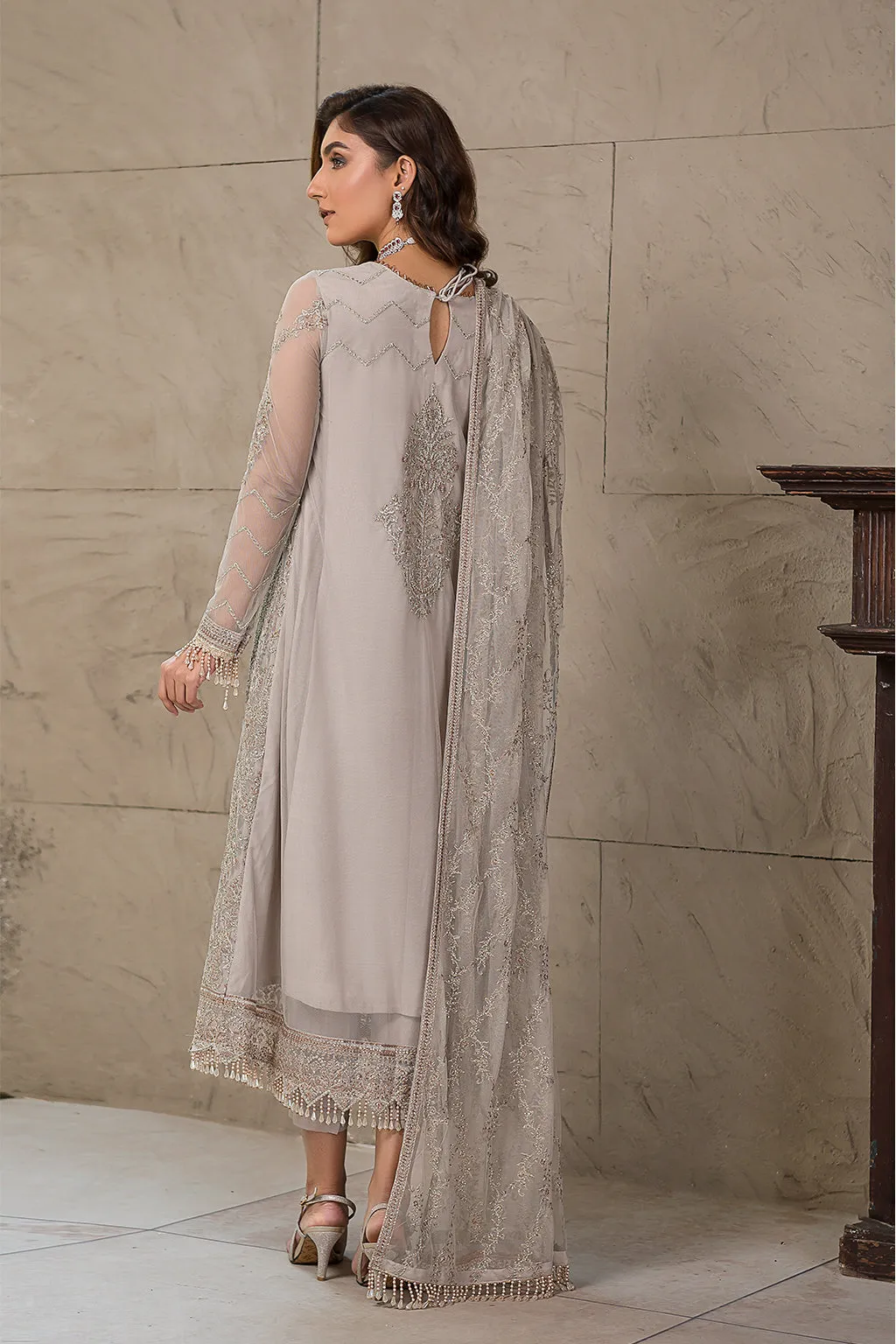 Pakistani Silver Embroidered Long Kameez with Capri Party wear