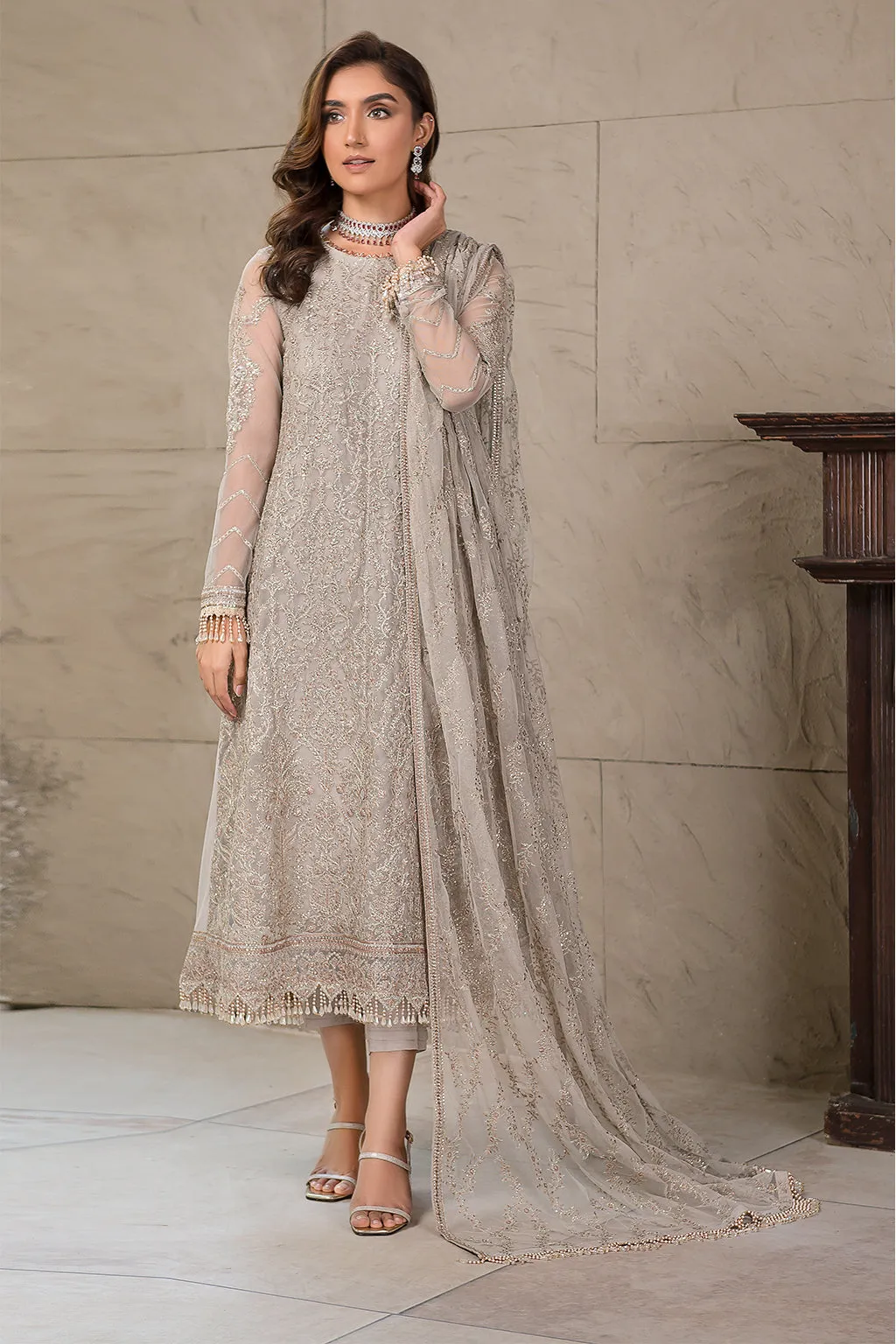 Pakistani Silver Embroidered Long Kameez with Capri Party wear