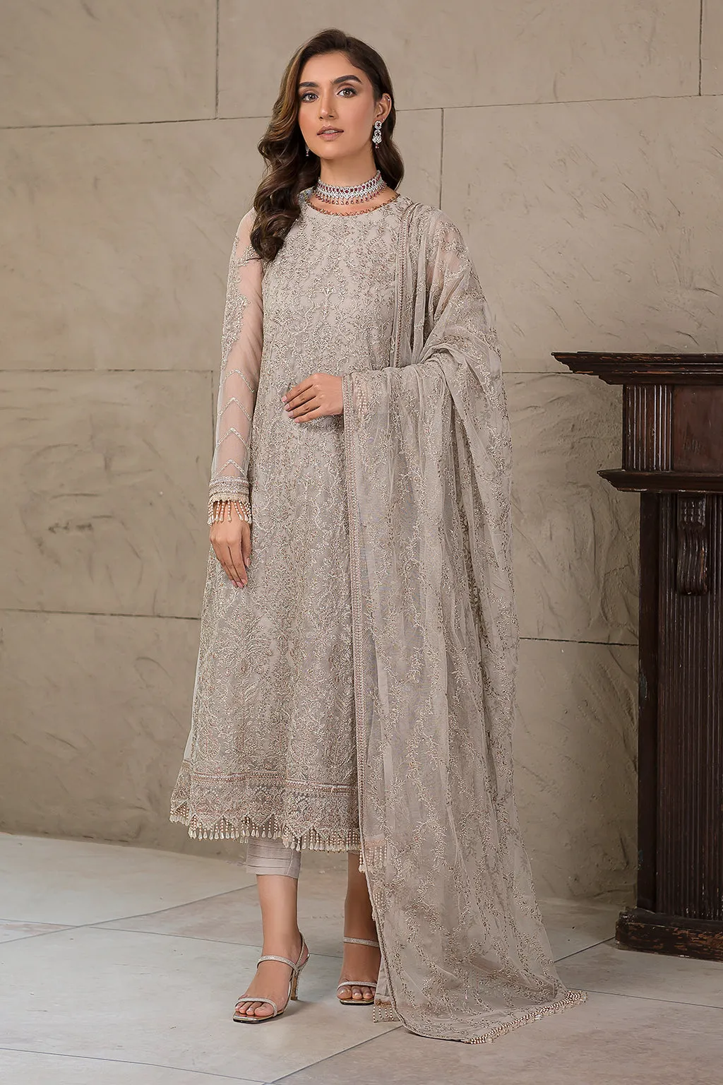 Pakistani Silver Embroidered Long Kameez with Capri Party wear