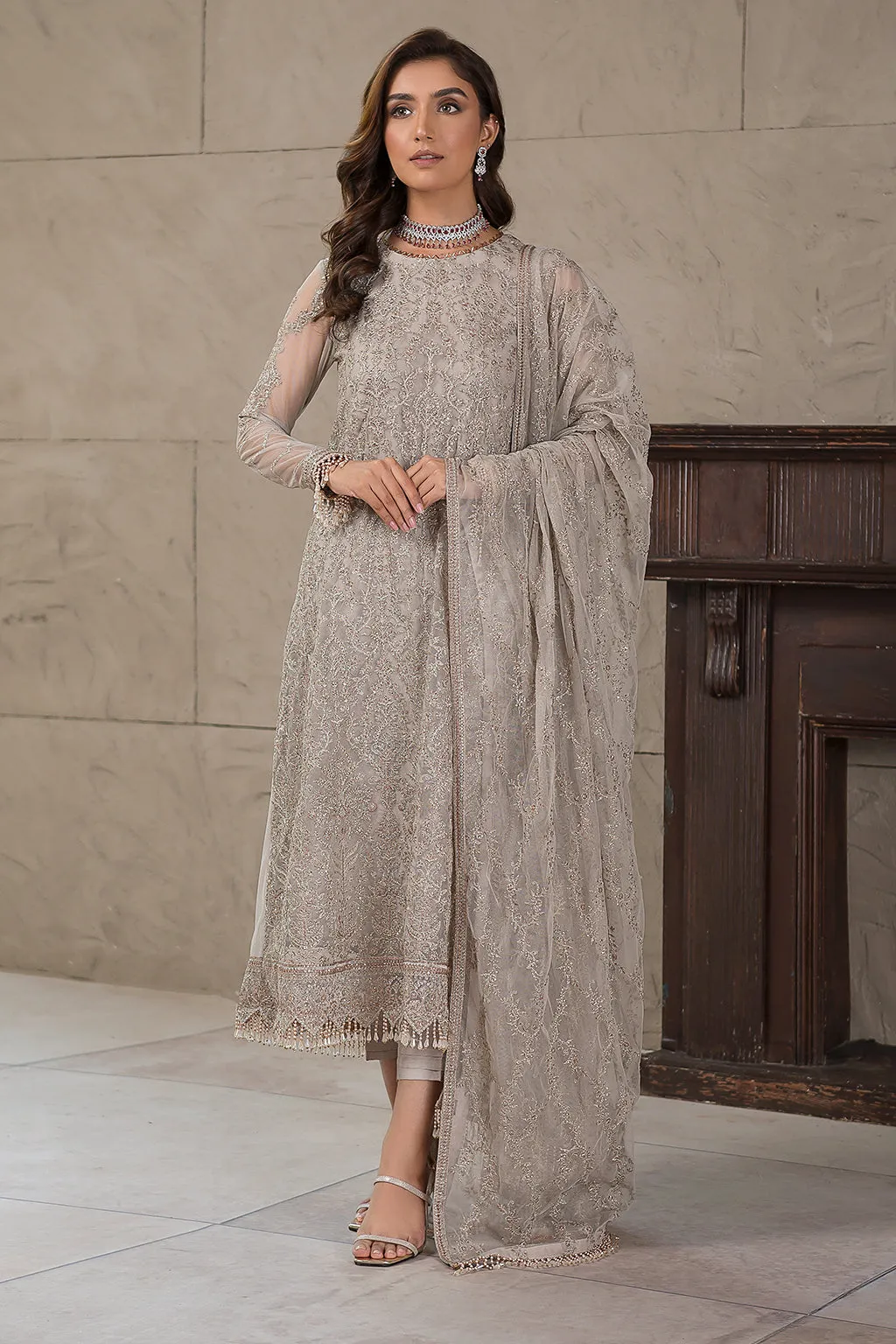 Pakistani Silver Embroidered Long Kameez with Capri Party wear