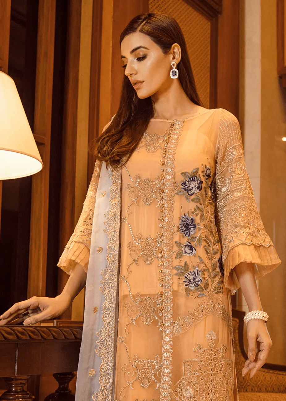 Pakistani thread embroidered outfit in dark peach color # P2299