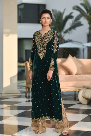 Pakistani Velvet Long Shirt in Bottle Green Color #Y2056