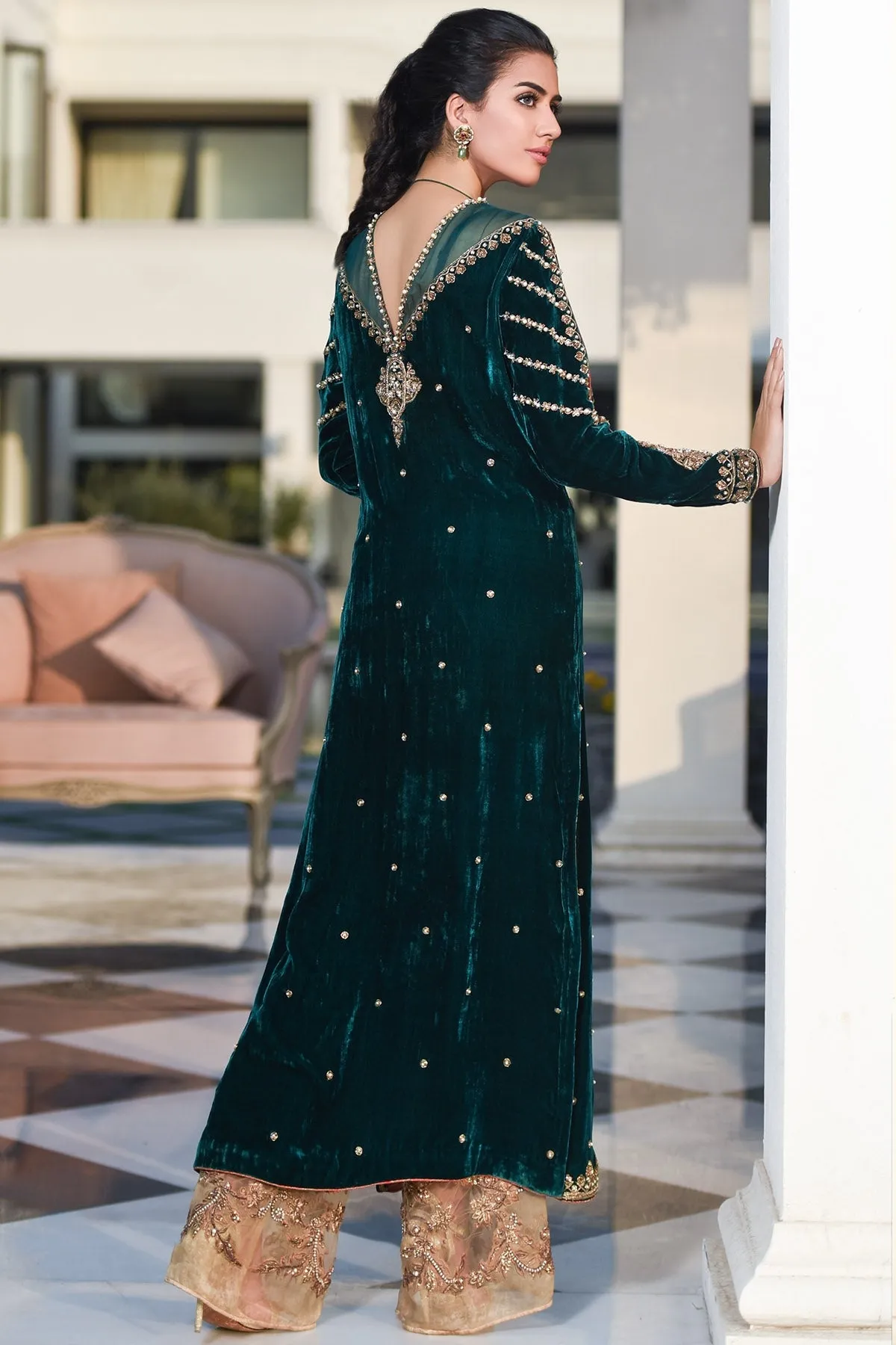 Pakistani Velvet Long Shirt in Bottle Green Color #Y2056
