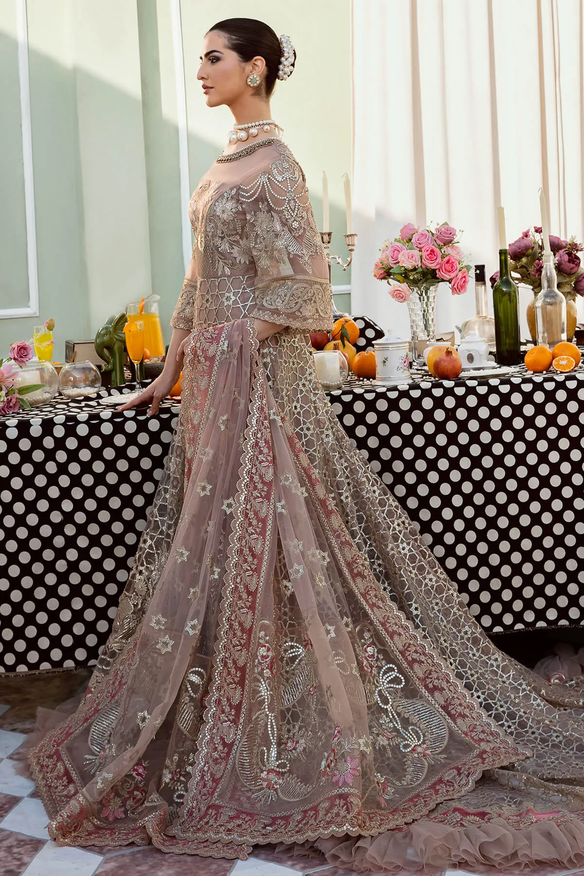 Pakistani Wedding Dress in Long Tail Pishwas Style