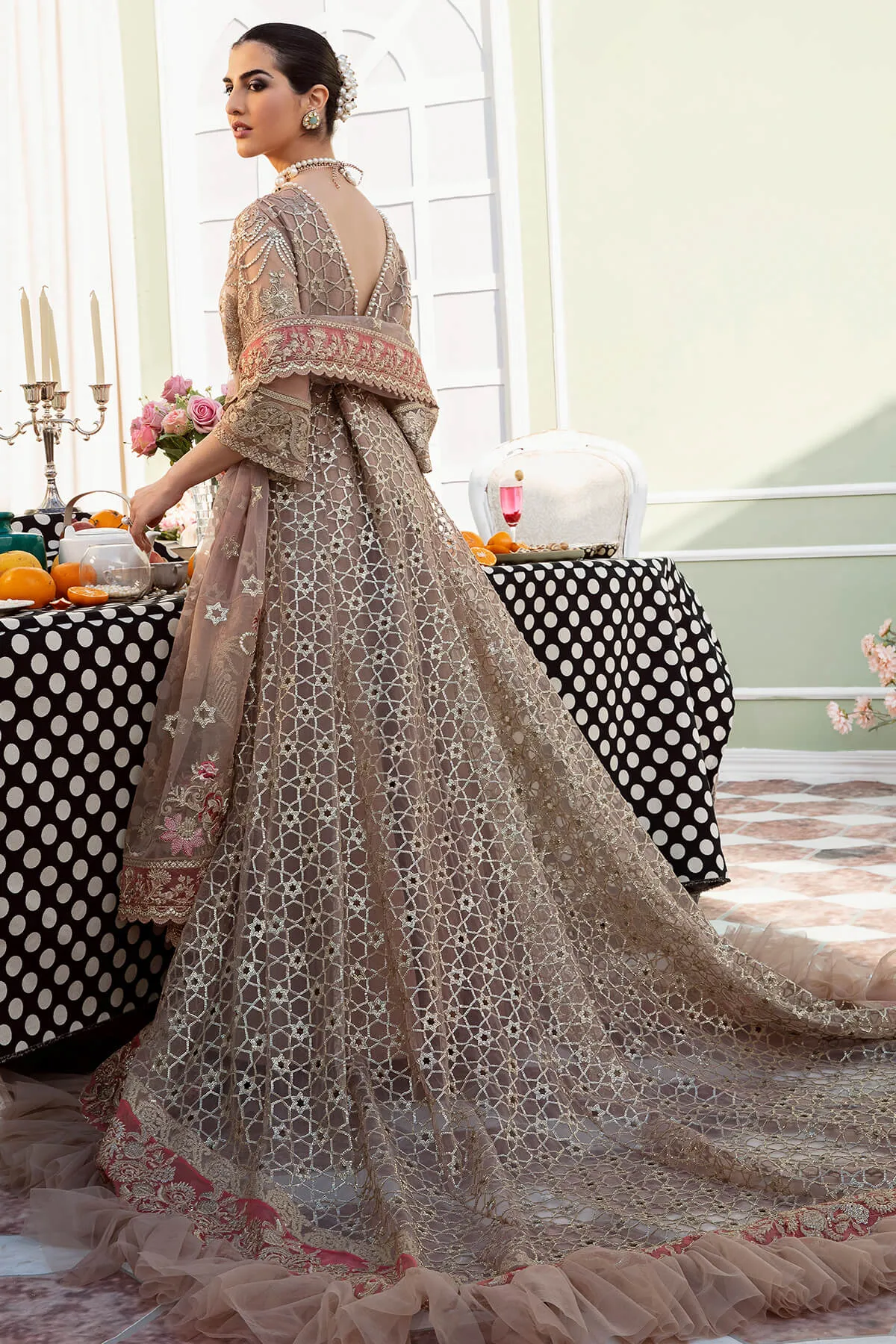 Pakistani Wedding Dress in Long Tail Pishwas Style