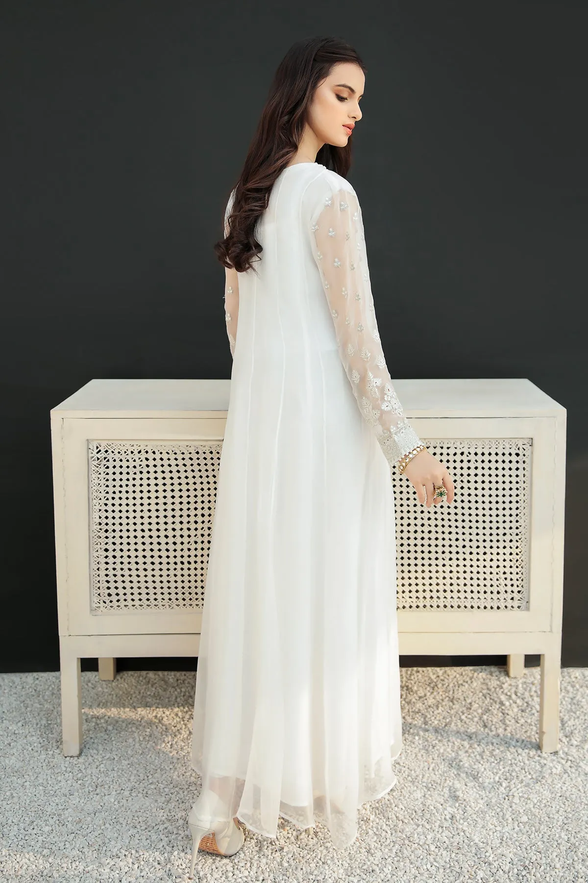 Pakistani White Embroidered Long Frock Party Wear